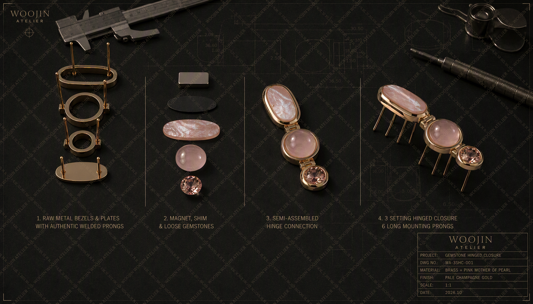 WOOJIN ATELIER — Custom gemstone hinged closure development (DWG NO: WA-3SHC-001): 4-stage engineering breakdown showing raw brass bezels, welded mounting prongs, magnetic assembly, and completed 6-prong closure