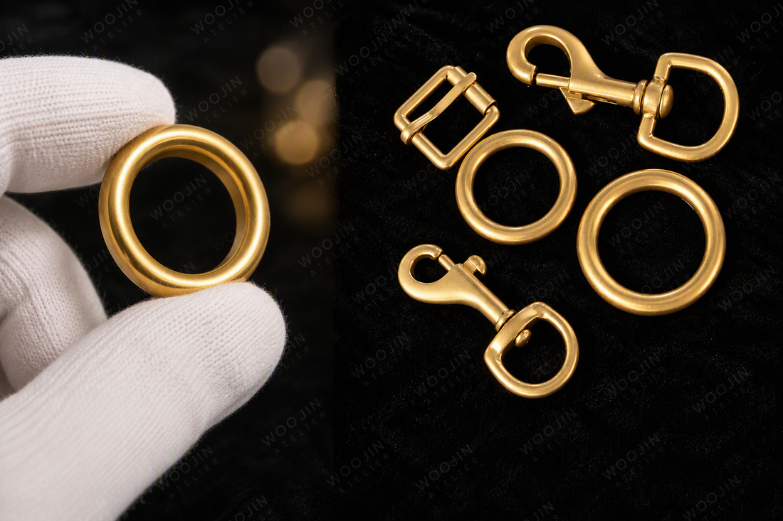 WOOJIN ATELIER — Solid zinc handbag hardware set and O-ring inspection on black velvet