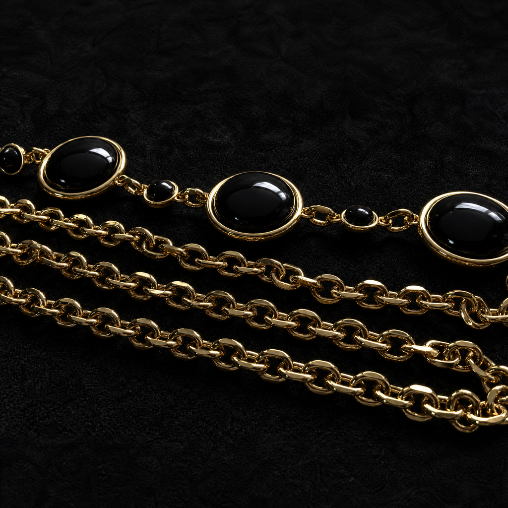 WOOJIN ATELIER — Champagne 14K NF rolo chain with black onyx cabochon settings in gold bezel mounts. Close-up detail of multi-component chain assembly. Hand-finished bag hardware developed for luxury handbag collections.