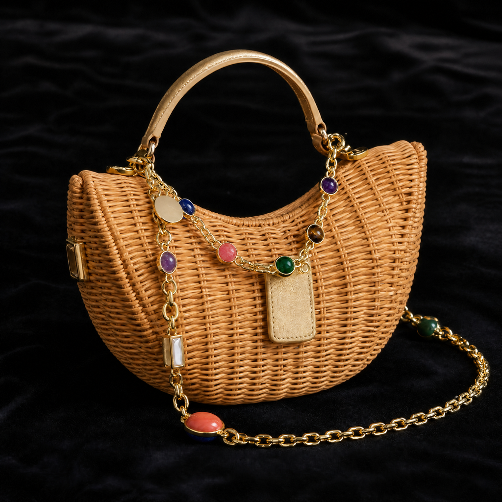 WOOJIN ATELIER — Champagne 14K NF chain strap with mixed cabochon stone settings, oval disc charms, and rectangular tag on wicker half-moon bag. Multi-component hand-assembled hardware developed for a luxury seasonal collection.