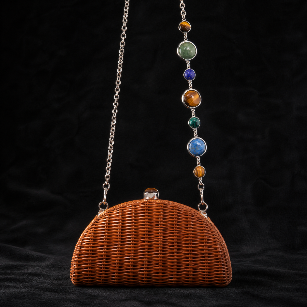 Multi-stone cabochon chain strap — Tiger Eye, Lapis, Malachite, Aventurine in silver bezel setting — WOOJIN ATELIER handbag hardware