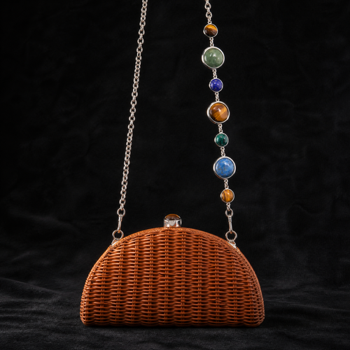 Multi-stone cabochon chain strap — Tiger Eye, Lapis, Malachite, Aventurine in silver bezel setting — WOOJIN ATELIER handbag hardware