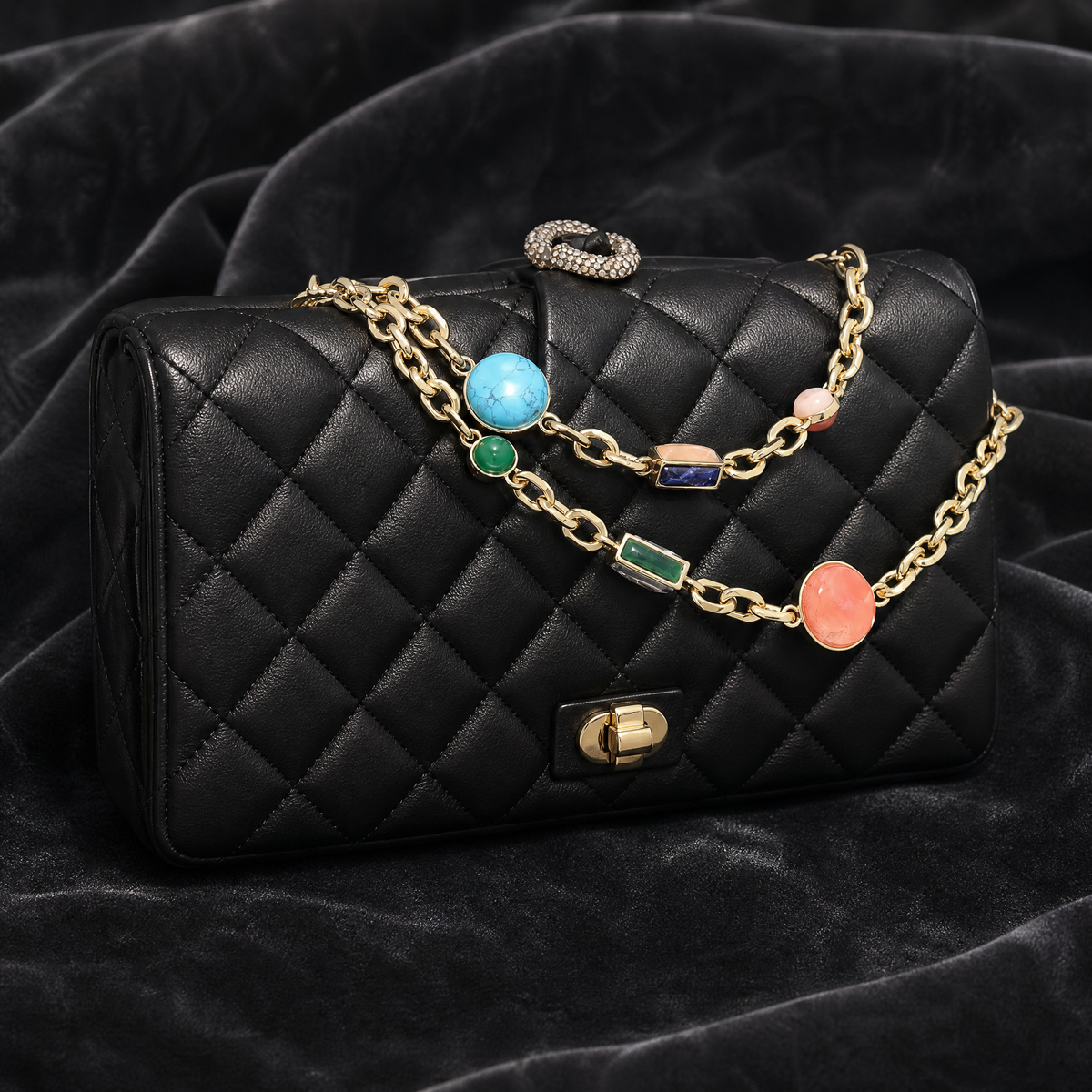 WOOJIN ATELIER — Champagne 14K NF rolo chain with mixed cabochon stone settings on black quilted leather flap bag. Turquoise, coral, lapis, malachite, and pink stones bezel-set in gold mounts. Multi-component hand-assembled chain hardware for luxury handbag collections.