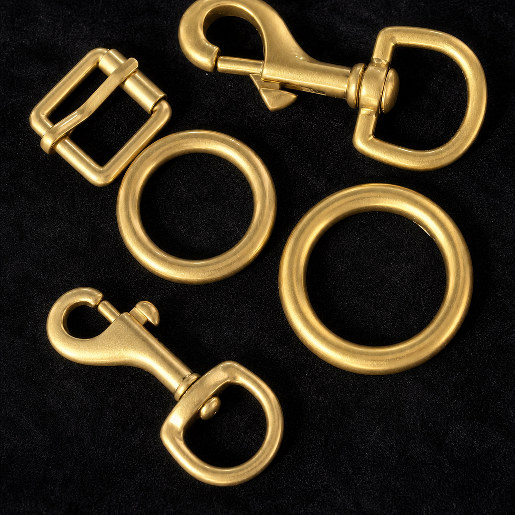 WOOJIN ATELIER — Satin Gold NF finish. Hardware set including snap hooks, D-rings, O-rings, and slide buckle on black background. Warm matte-gold surface with consistent finish across all components. Nickel-free electroplating for luxury handbag hardware.