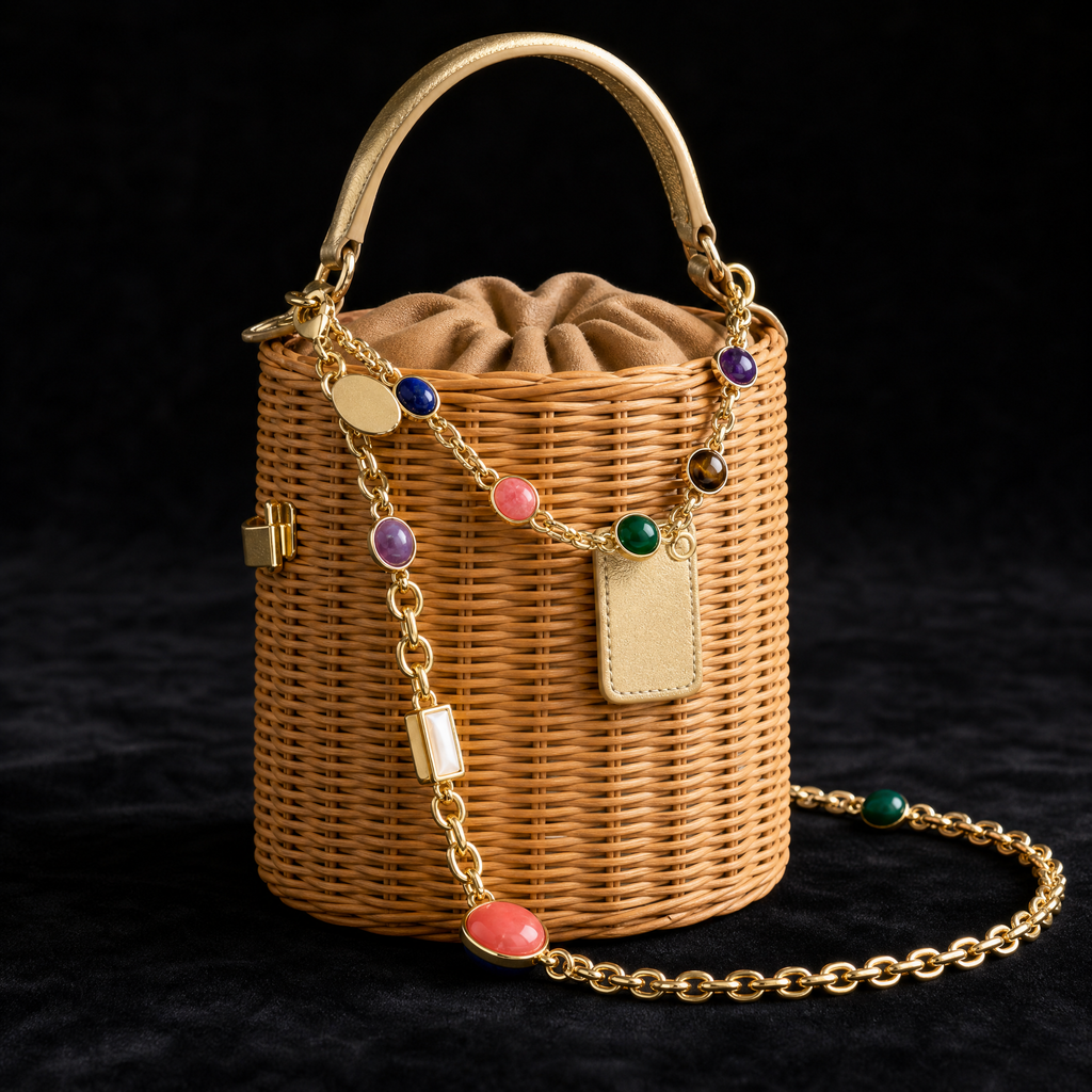 WOOJIN ATELIER — Champagne 14K NF chain strap with mixed cabochon stone settings and oval disc charms on wicker bucket bag. Multi-component chain assembly with bezel-set stones, hand-finished hardware developed for a seasonal collection.
